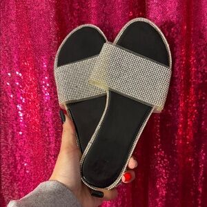 Women's Black Slide Sandals with Crystal Strap